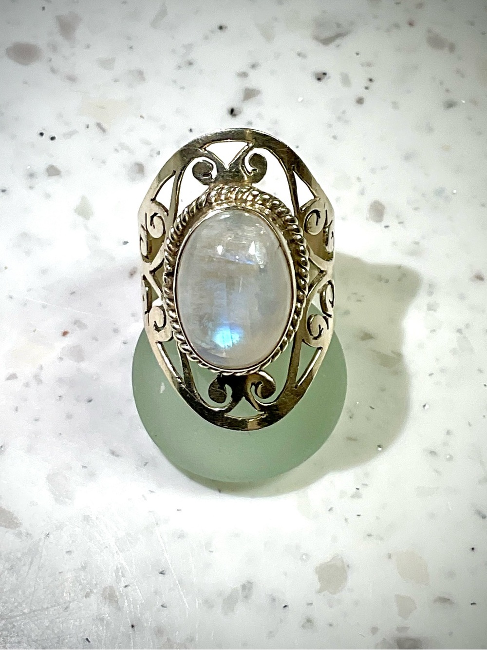 Vintage 925 Sterling Silver Moonstone Filigree Statement Ring - White/Blue Sheen
